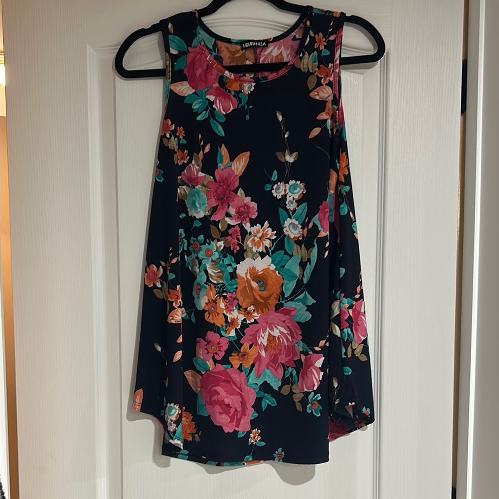Floral Navy Tank Top with Pink and Orange Blooms